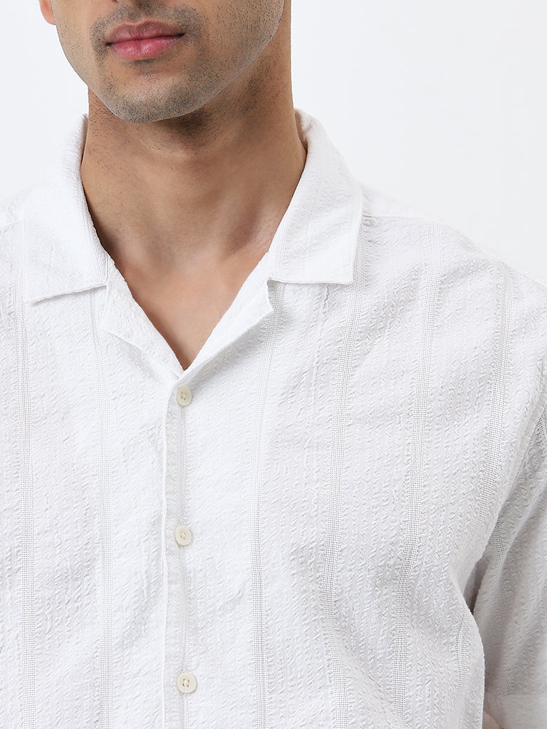 WES Casuals White Seersucker Relaxed-Fit Cotton Shirt