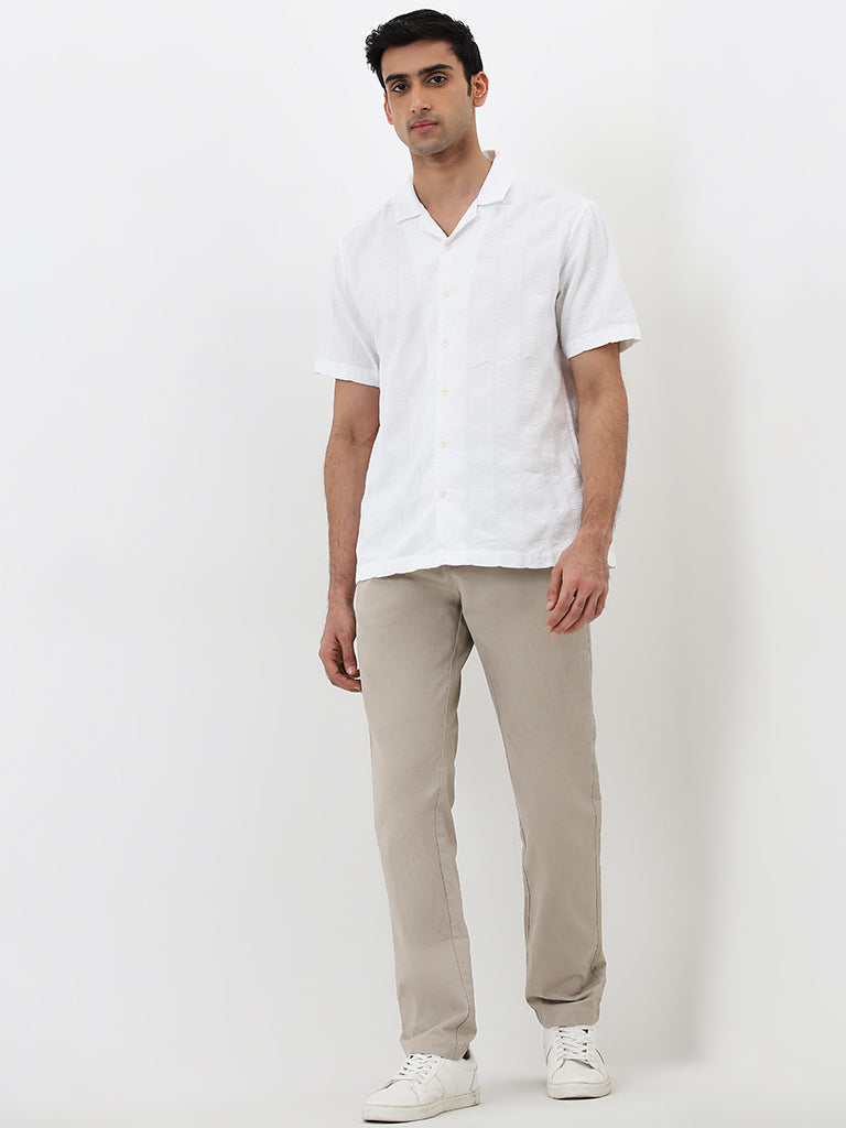 WES Casuals White Seersucker Relaxed-Fit Cotton Shirt