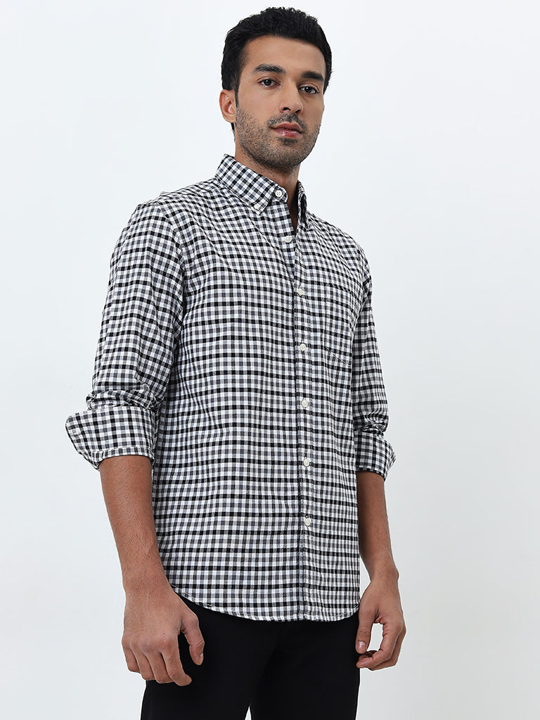 WES Casuals Blue Checkered Relaxed-Fit Cotton Shirt