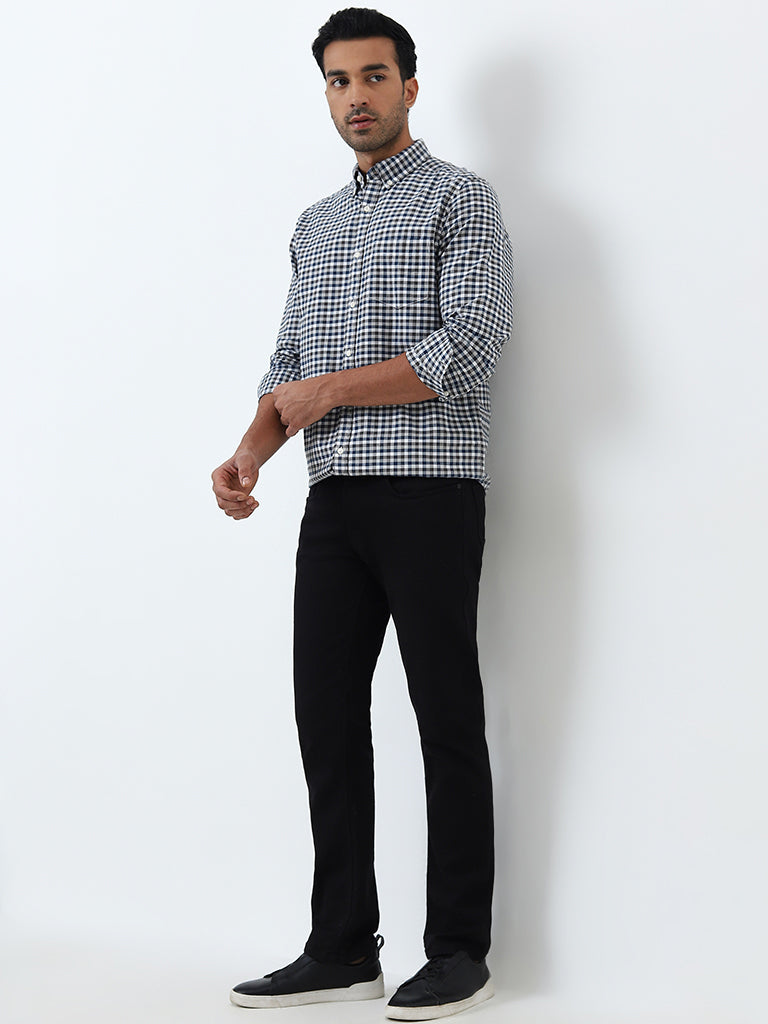 WES Casuals Blue Checkered Relaxed-Fit Cotton Shirt