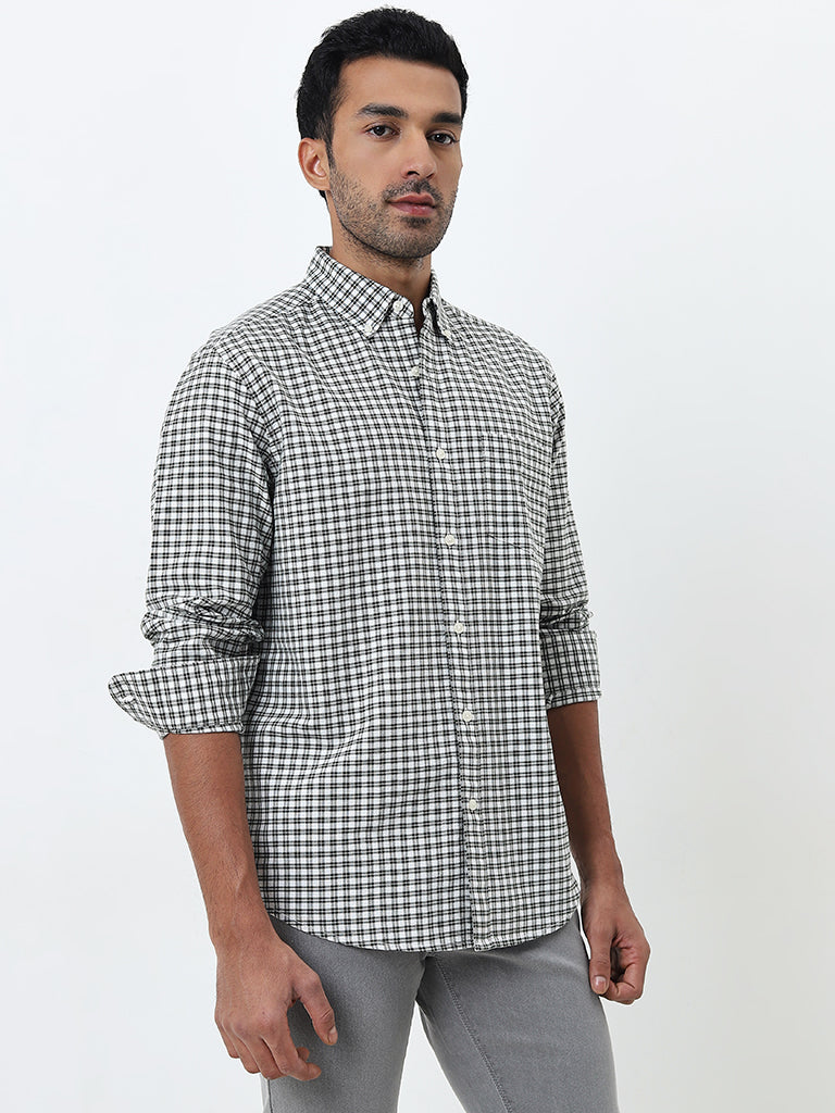 WES Casuals Dark Green Checkered Relaxed-Fit Cotton Shirt