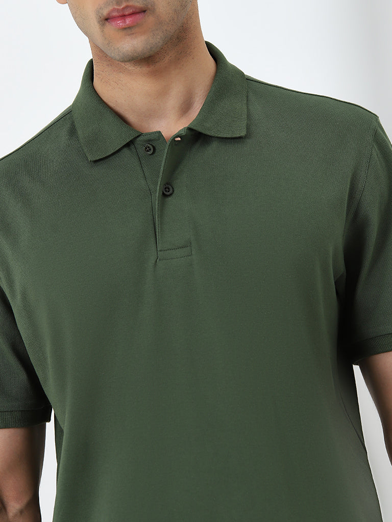 WES Casuals Olive Relaxed-Fit Cotton Blend Polo T-Shirt