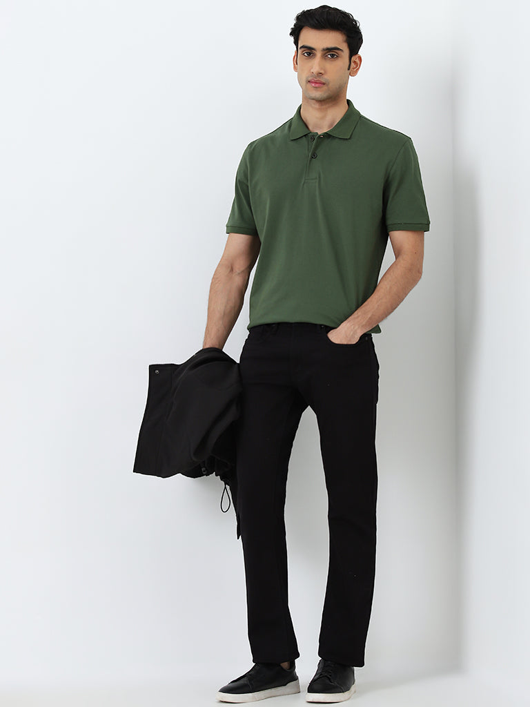 WES Casuals Olive Relaxed-Fit Cotton Blend Polo T-Shirt