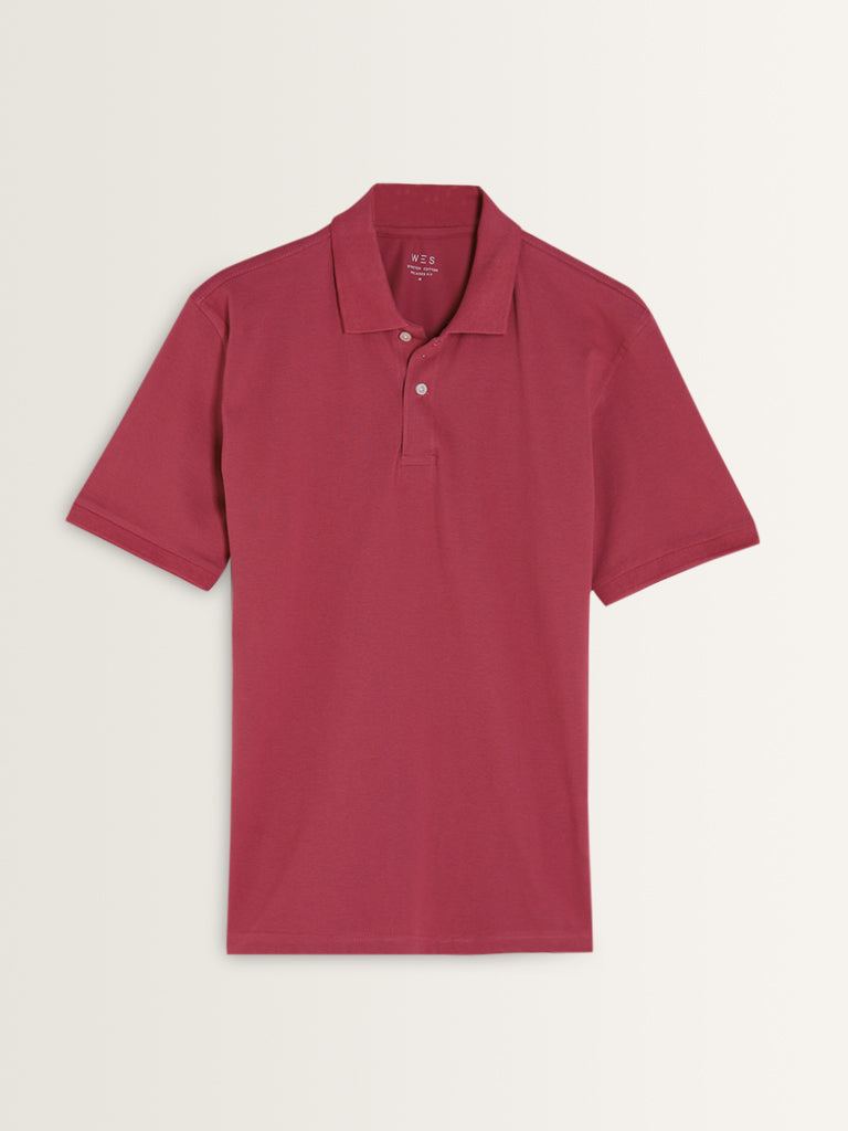 WES Casuals Rose Pink Relaxed-Fit Cotton Blend Polo T-Shirt