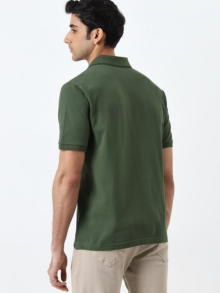 WES Casuals Olive Solid Slim-Fit Cotton Blend Polo T-Shirt