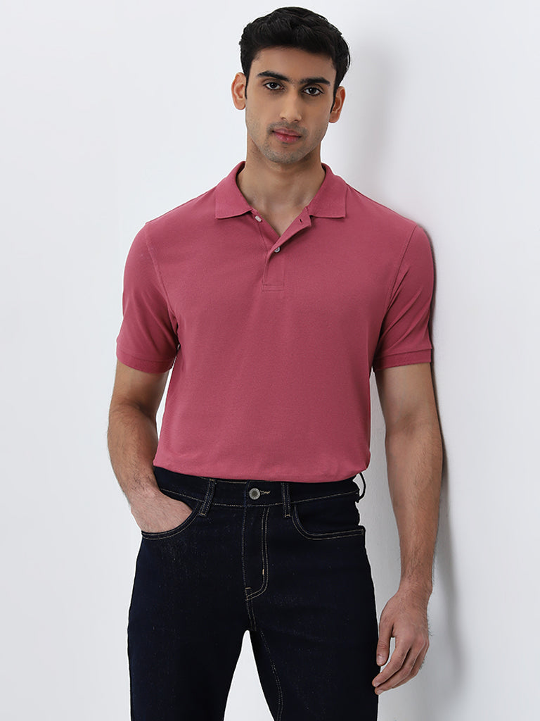 WES Casuals Dusty Pink Slim-Fit Cotton Blend Polo T-Shirt