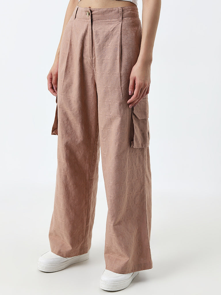 Bombay Paisley Light Brown Floral High-Rise Cotton Pants