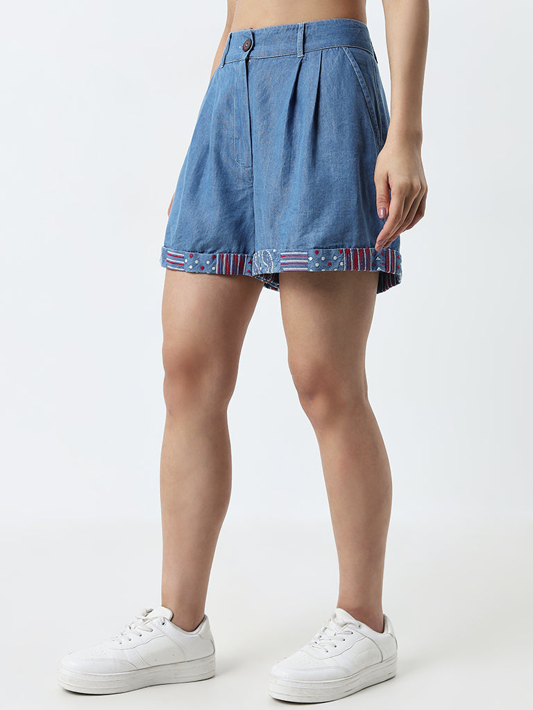 Bombay Paisley Blue Embroidered High-Rise Shorts