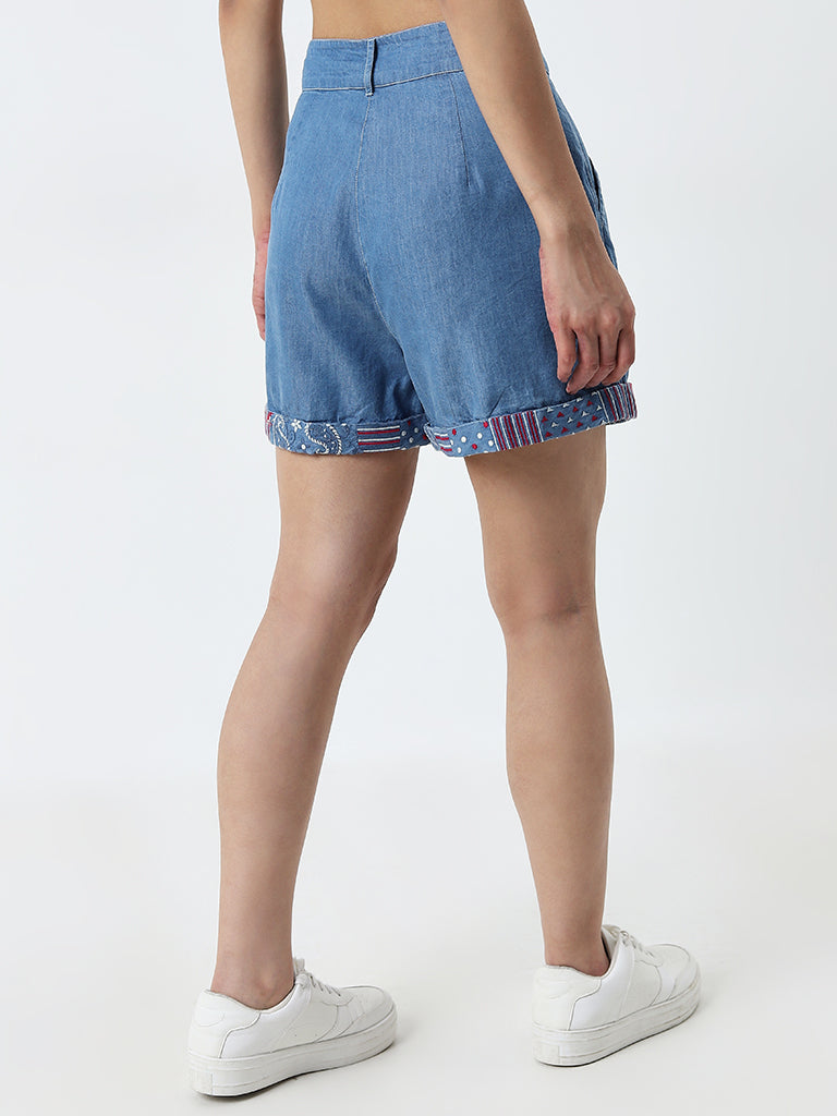 Bombay Paisley Blue Embroidered High-Rise Shorts