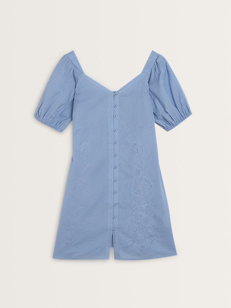 Bombay Paisley Blue Embroidered A-Line Cotton Blend Dress