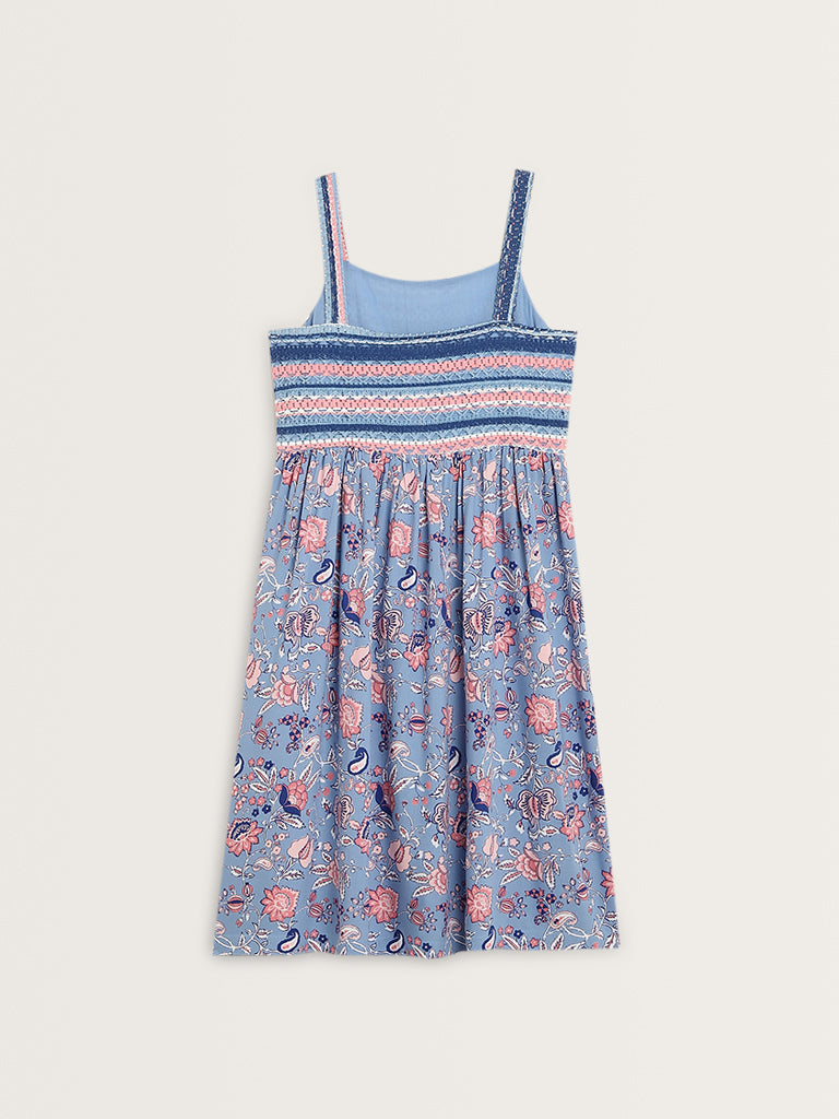 Bombay Paisley Blue Floral Printed A-Line Cotton Dress