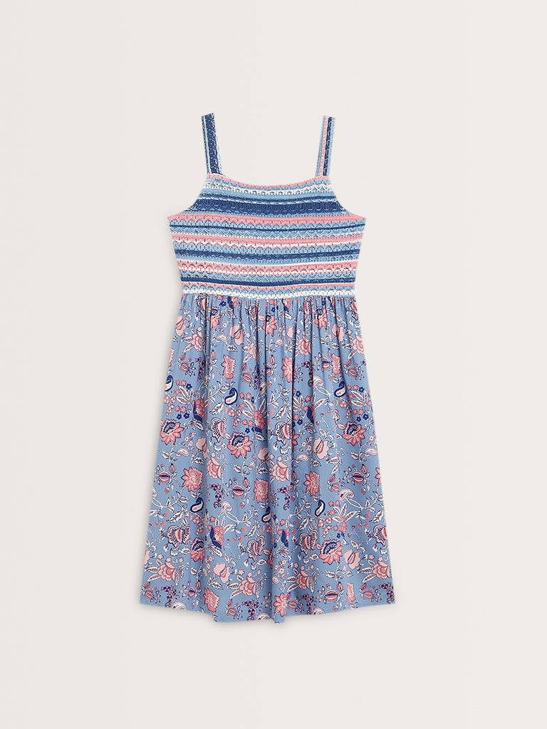 Bombay Paisley Blue Floral Printed A-Line Cotton Dress