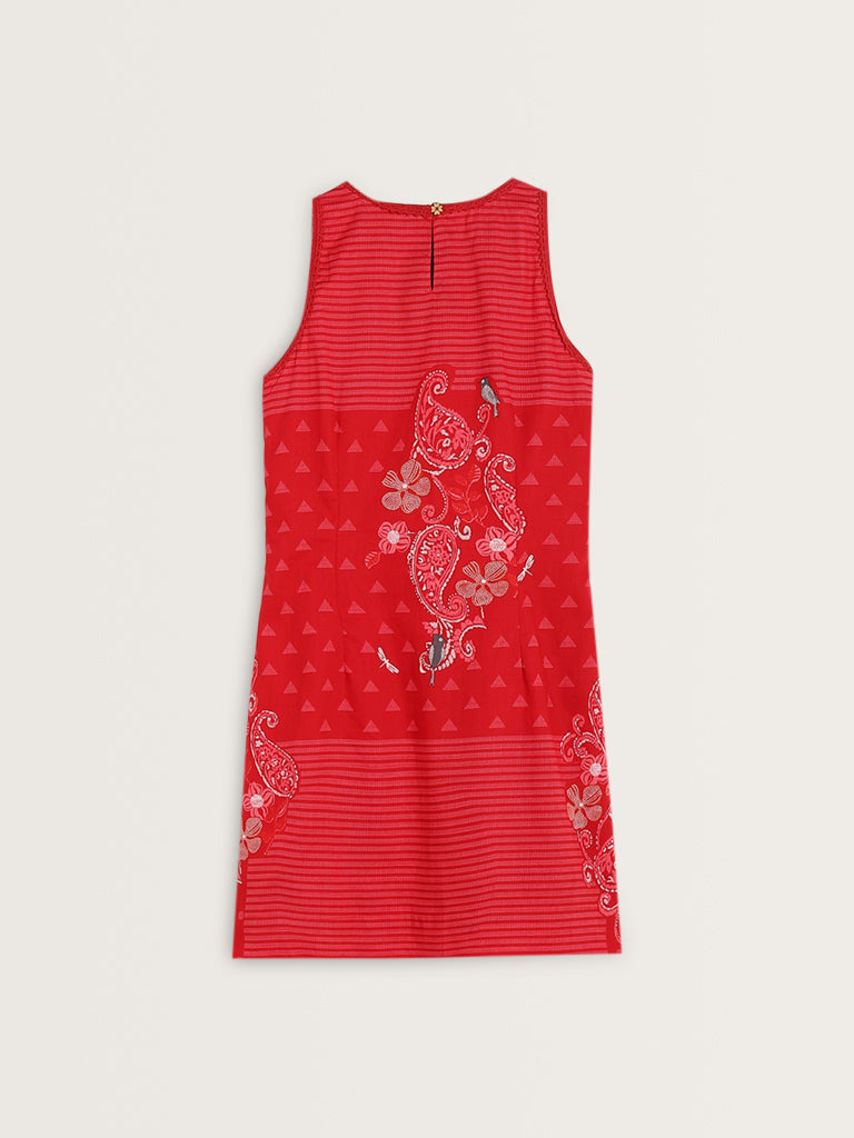 Bombay Paisley Red Paisley Printed A-Line Cotton Dress