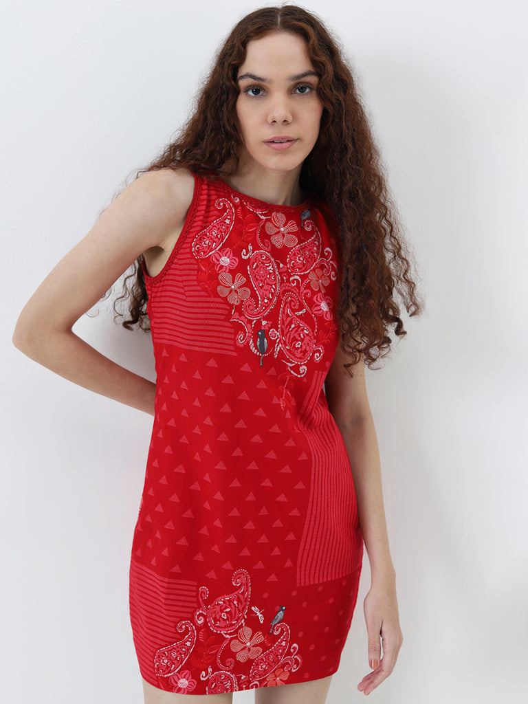 Bombay Paisley Red Paisley Printed A-Line Cotton Dress