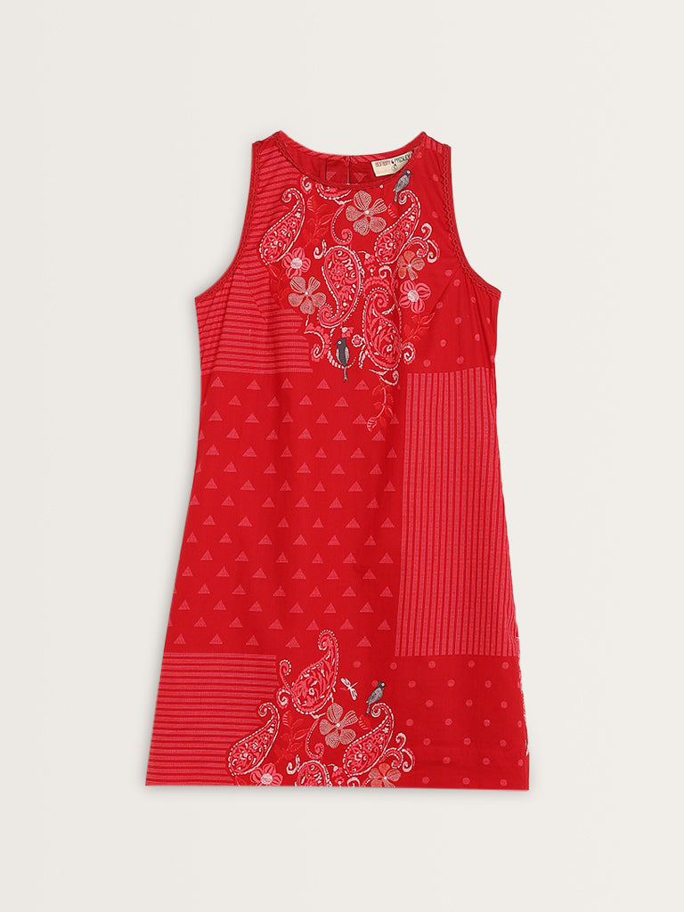 Bombay Paisley Red Paisley Printed A-Line Cotton Dress