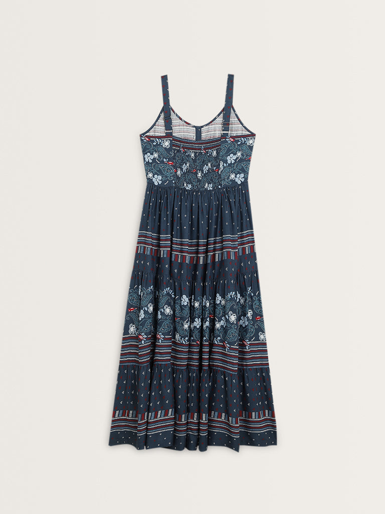 Bombay Paisley Dark Blue Paisley Printed Tiered Dress