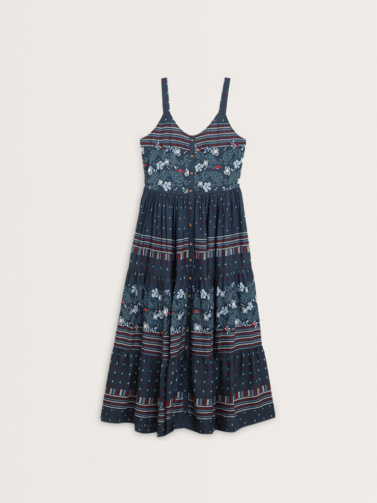 Bombay Paisley Dark Blue Paisley Printed Tiered Dress