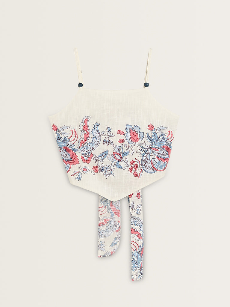 Bombay Paisley White Floral Printed Crop Cotton Top