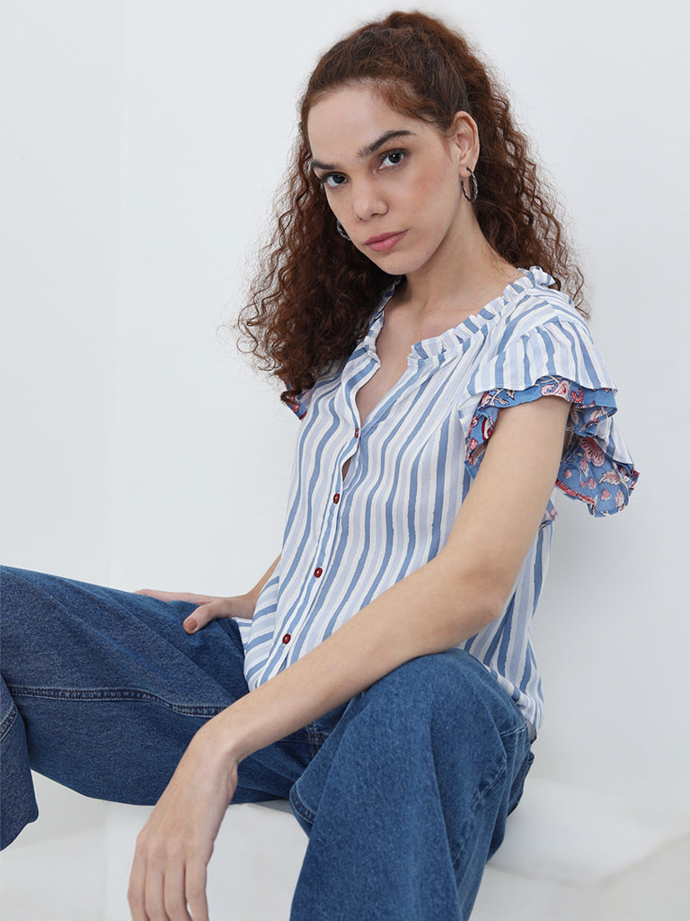 Bombay Paisley Blue Stripe Patterned Top