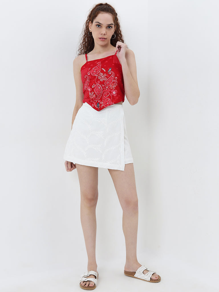 Bombay Paisley Red Paisley Printed Crop Cotton Top