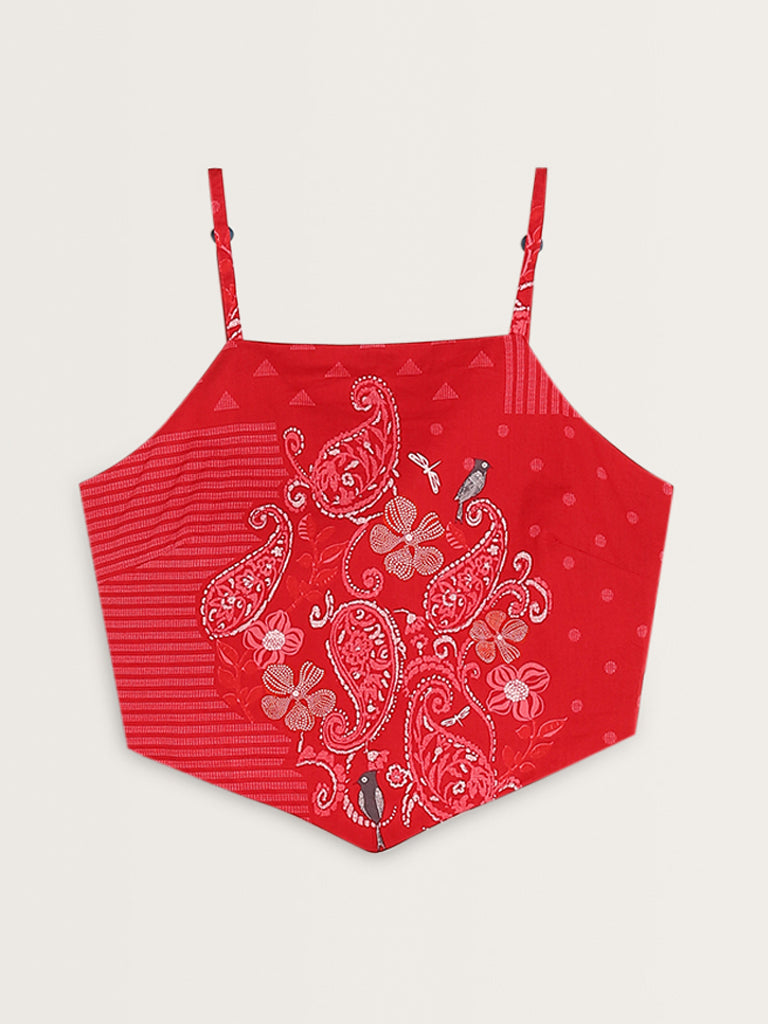 Bombay Paisley Red Paisley Printed Crop Cotton Top