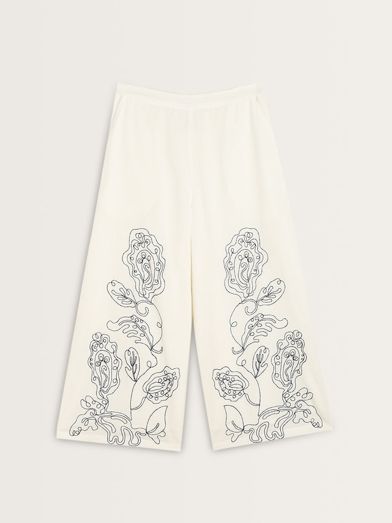 Bombay Paisley Ivory Embroidered High-Rise Pants