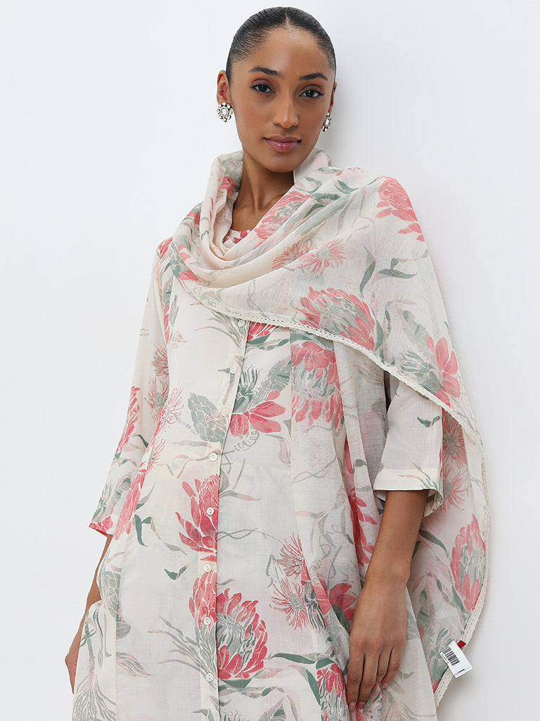 Zuba Off-White Floral Printed Cotton Stole