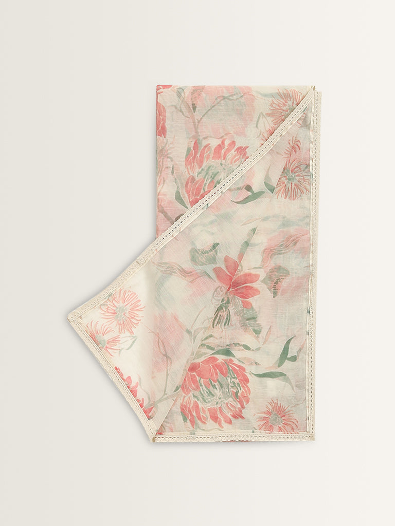 Zuba Off-White Floral Printed Cotton Stole