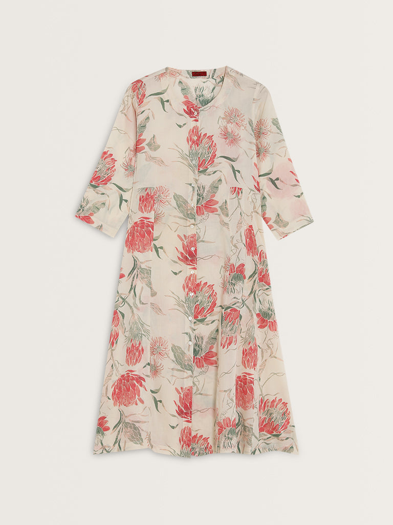 Zuba Off-White Floral A-Line Kurta