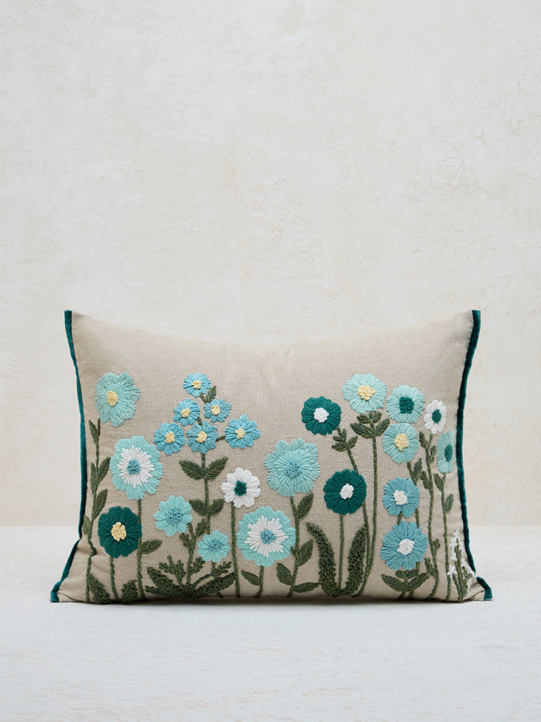 Westside Home Aqua Floral Embroidered Cushion Cover