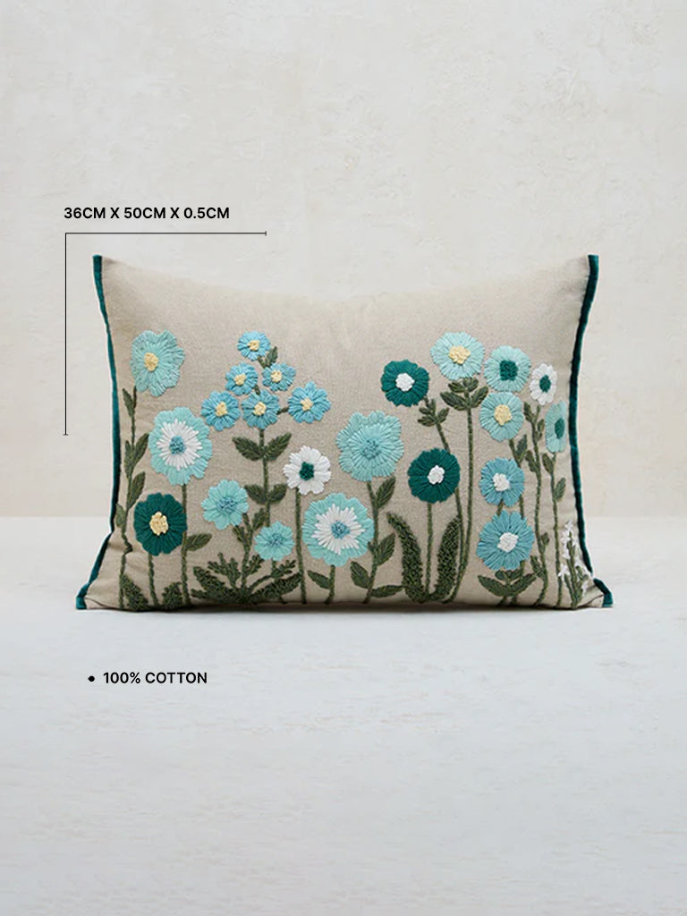 Westside Home Aqua Floral Embroidered Cushion Cover