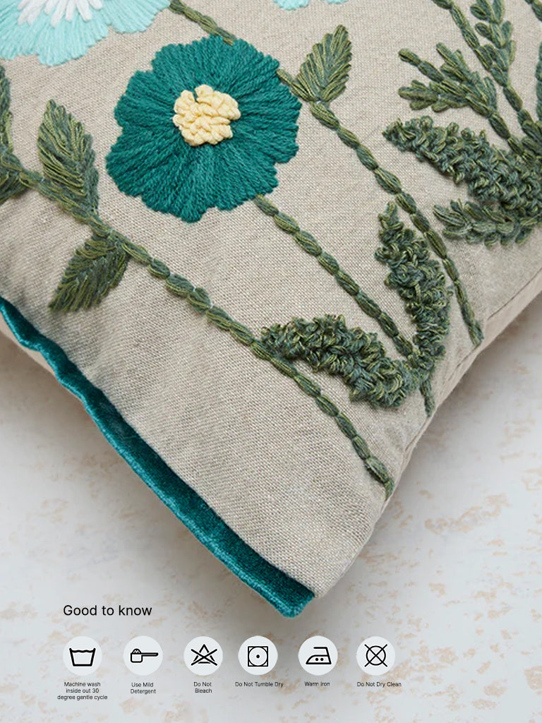 Westside Home Aqua Floral Embroidered Cushion Cover