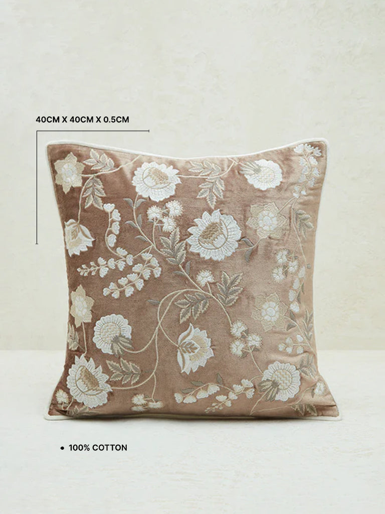 Westside Home Taupe Botanical Embroidered Cushion Cover