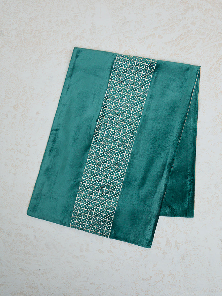 Westside Home Jade Green Jal Embroidered Velvet Table Runner