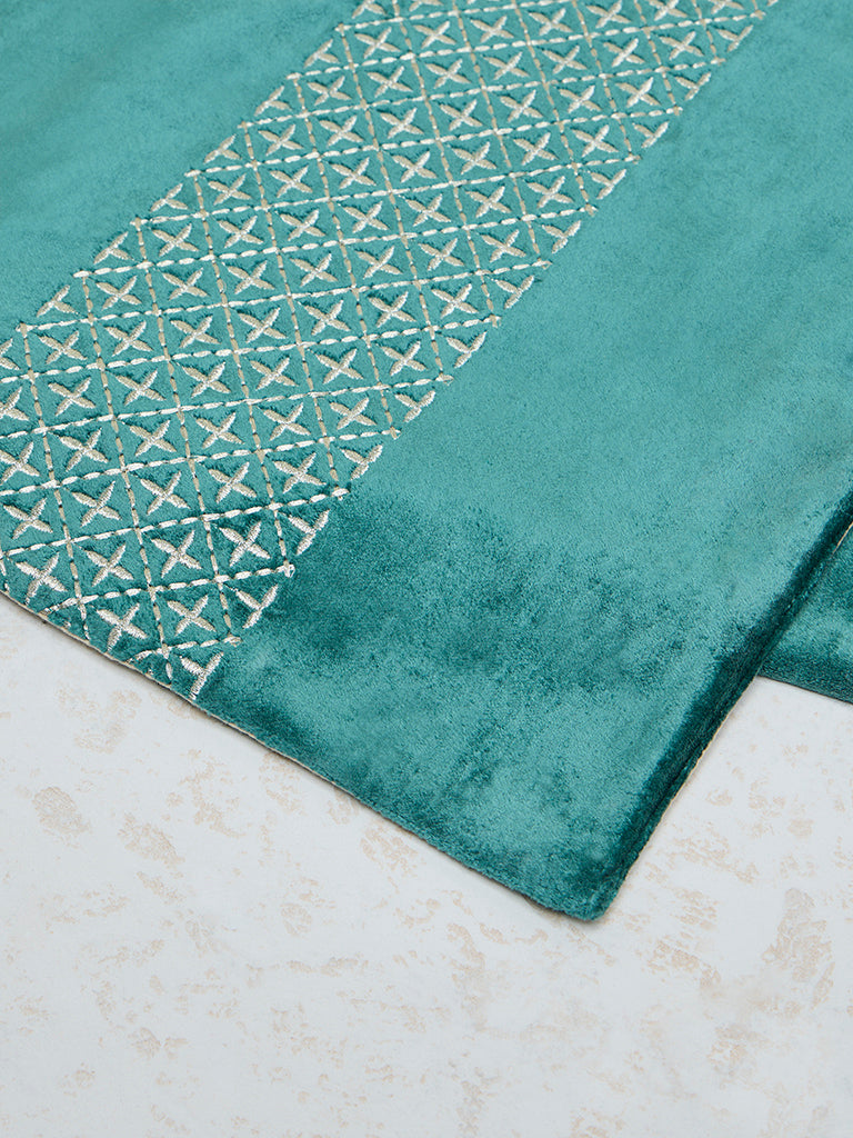 Westside Home Jade Green Jal Embroidered Velvet Table Runner