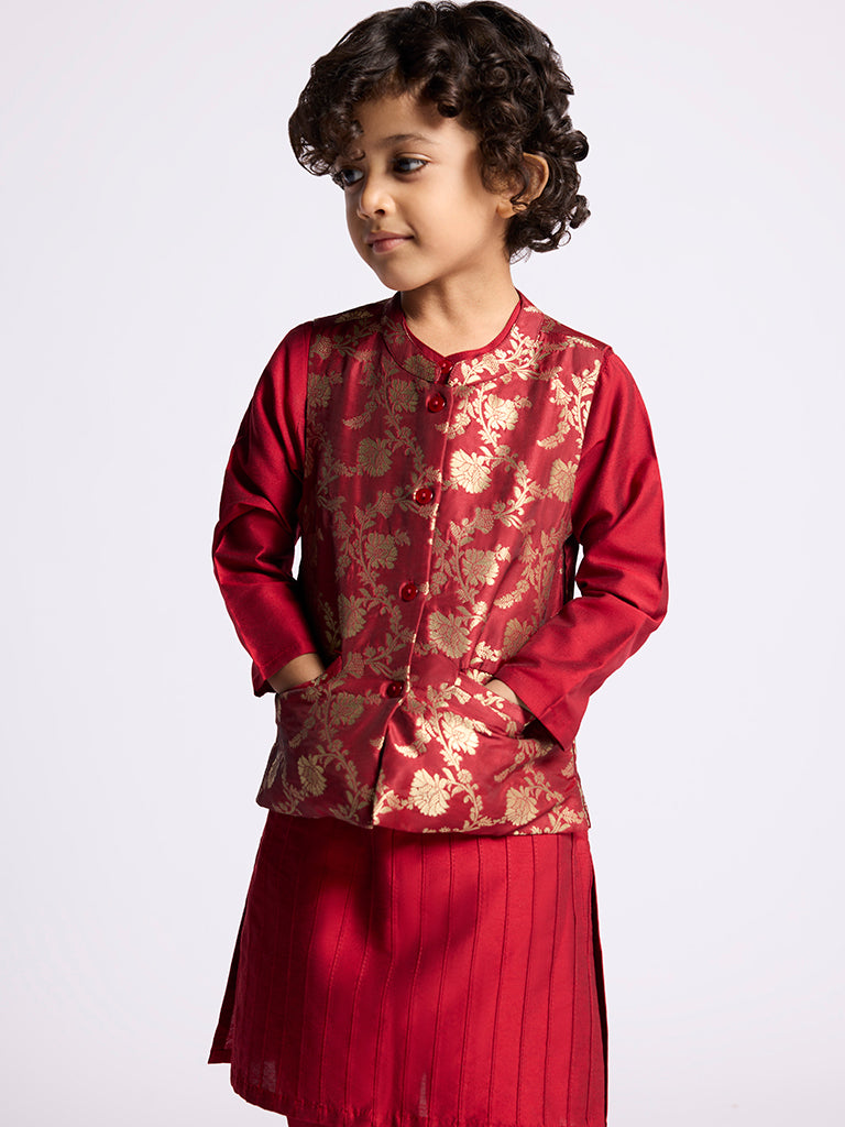 Utsa Kids Red Floral Design Jacket, Kurta and Pants Set - (2 -8yrs)