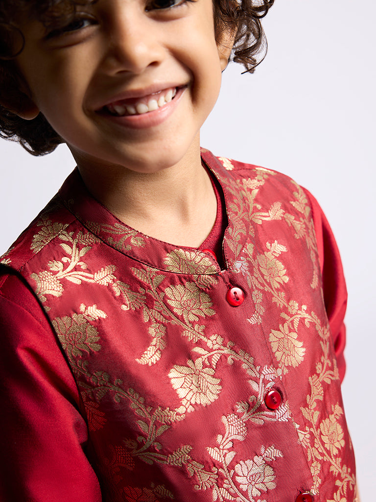 Utsa Kids Red Floral Design Jacket, Kurta and Pants Set - (2 -8yrs)