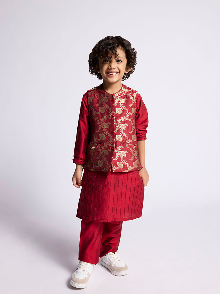 Utsa Kids Red Floral Design Jacket, Kurta and Pants Set - (2 -8yrs)