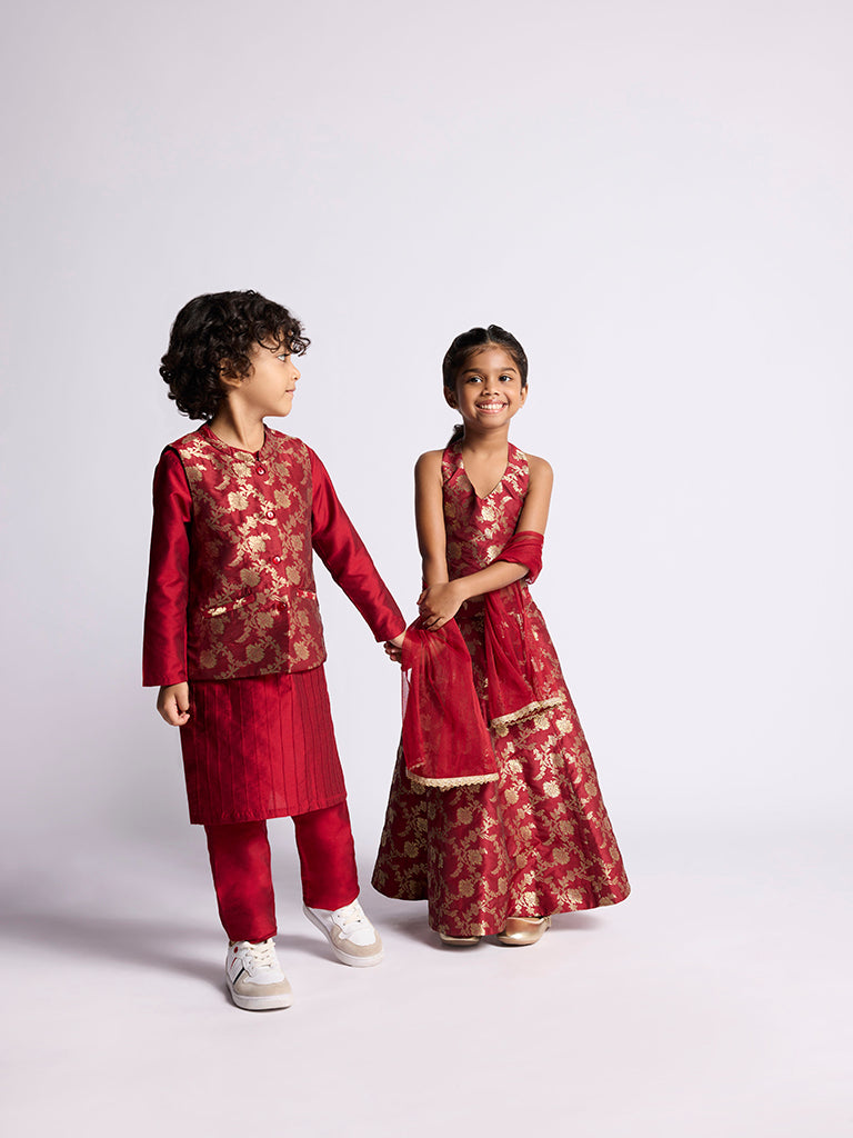 Utsa Kids Red Floral Design Jacket, Kurta and Pants Set - (2 -8yrs)