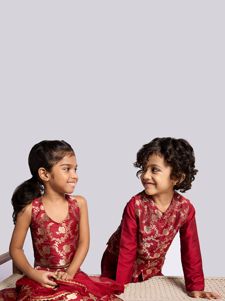 Utsa Kids Red Floral Design Jacket, Kurta and Pants Set - (2 -8yrs)