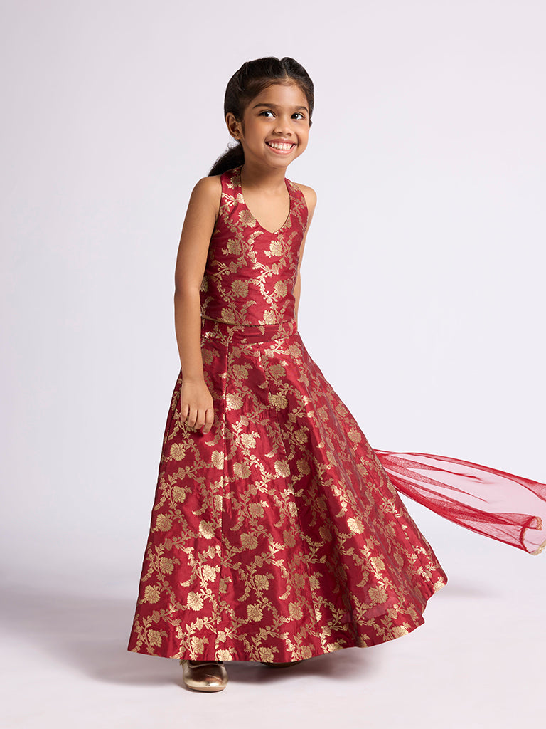 Utsa Kids Maroon Floral Design Ghagra, Choli and Dupatta Set (2-8 years)