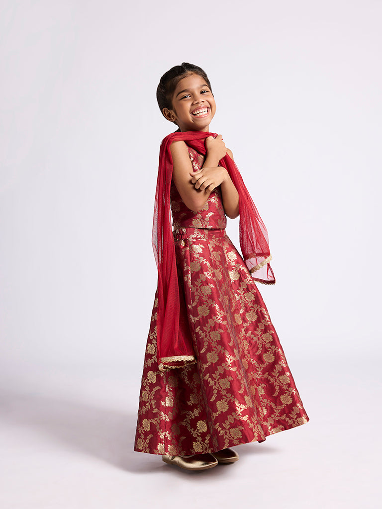 Utsa Kids Maroon Floral Design Ghagra, Choli and Dupatta Set (2-8 years)