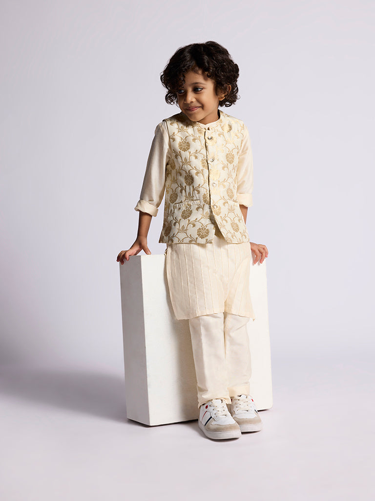 Utsa Kids Ivory Floral Design Jacket, Kurta and Pants Set - (2 -8yrs)