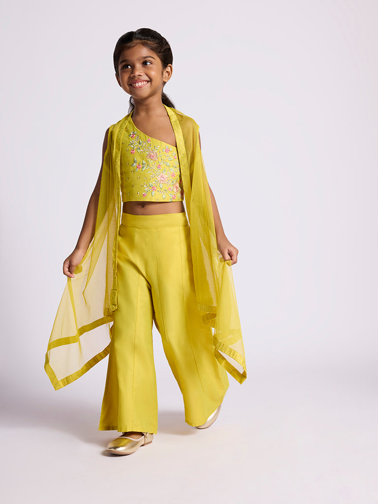 Utsa Kids Yellow Floral Embroidered Top with Palazzos and Shrug Set (2-8 yrs)