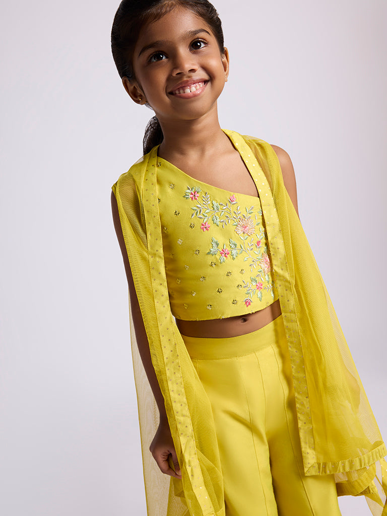 Utsa Kids Yellow Floral Embroidered Top with Palazzos and Shrug Set (2-8 yrs)