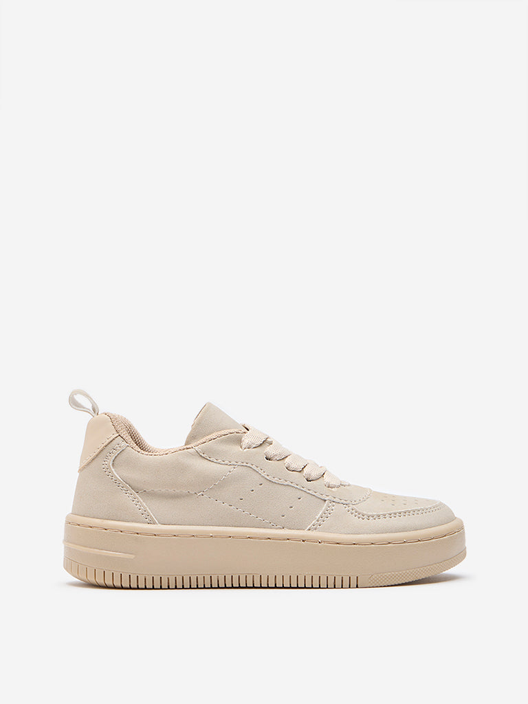 Yellow Beige Perforated Lace-Up Sneakers