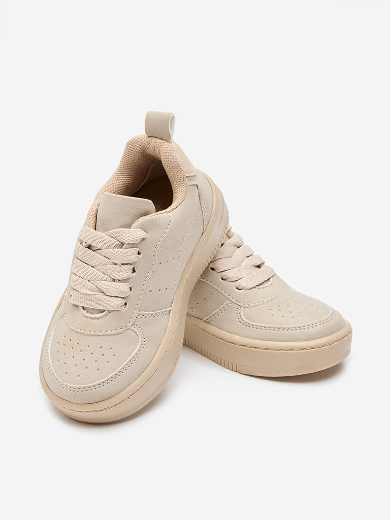 Yellow Beige Perforated Lace-Up Sneakers