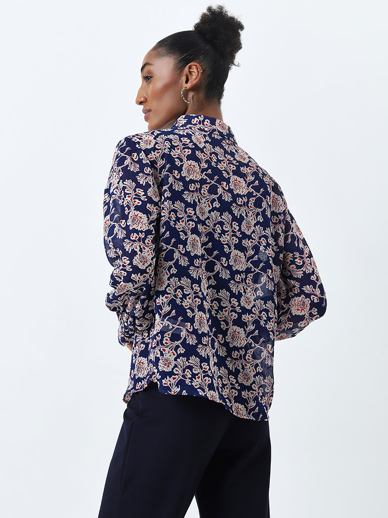 Wardrobe Blue Floral Printed Shirt with Camisole