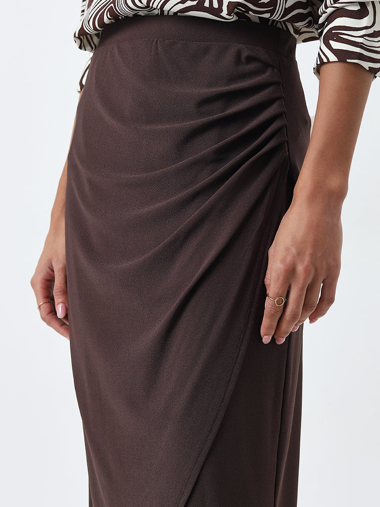 Wardrobe Brown Ruched Detailed High-Rise Skirt