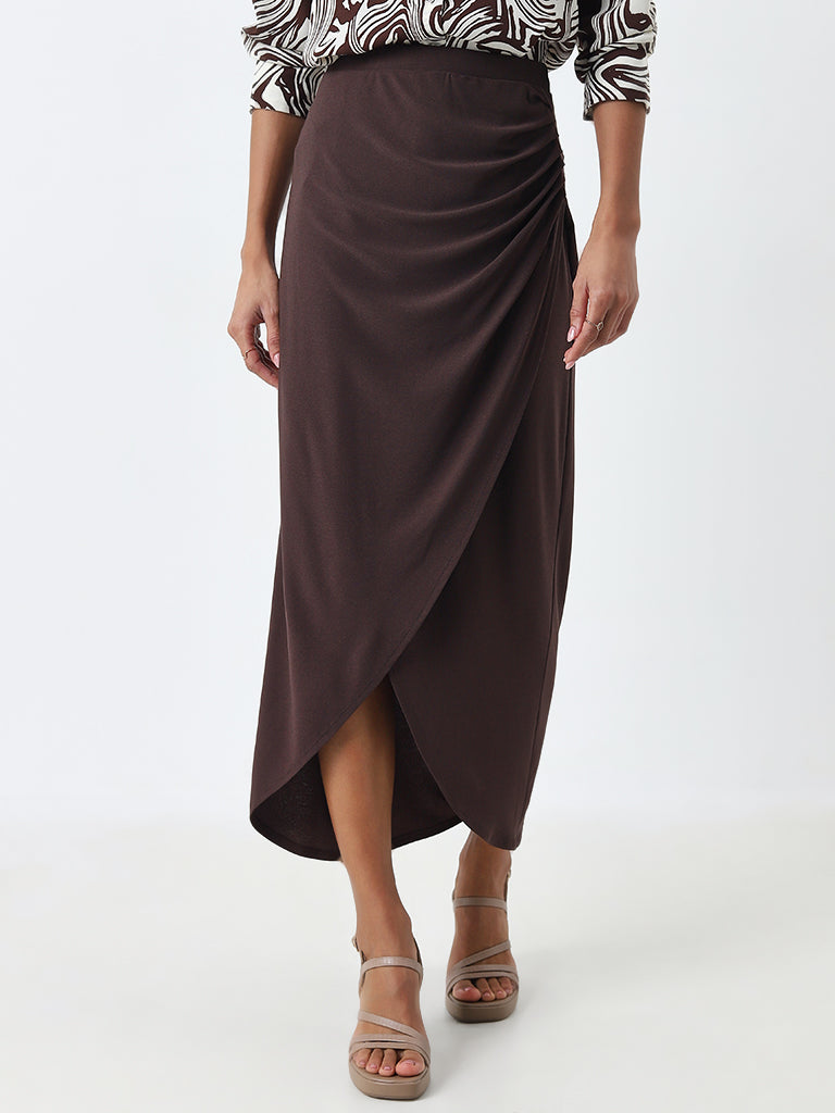 Wardrobe Brown Ruched Detailed High-Rise Skirt